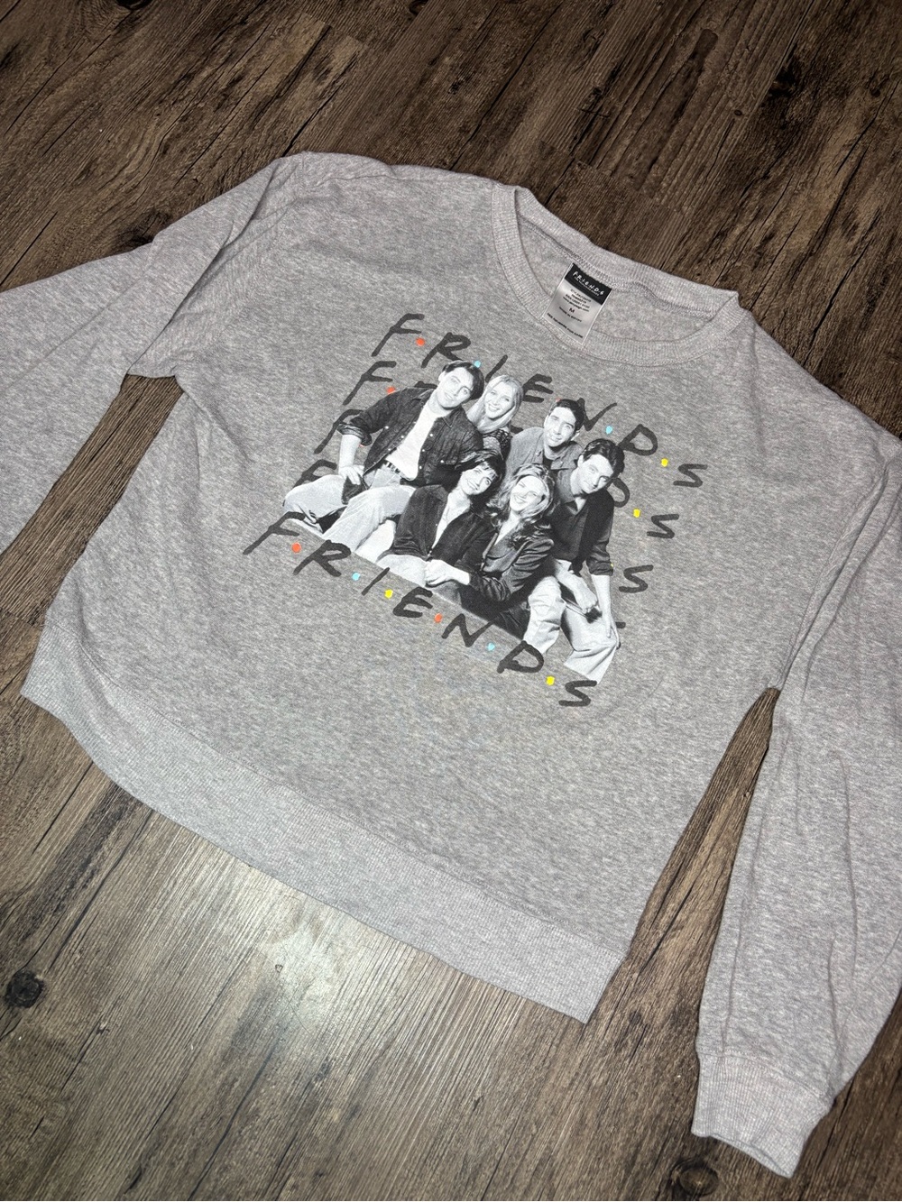 FRIENDS TV Show Gray Crewneck Sweatshirt W/ Cast Graphic Vintage 90s Dot accents